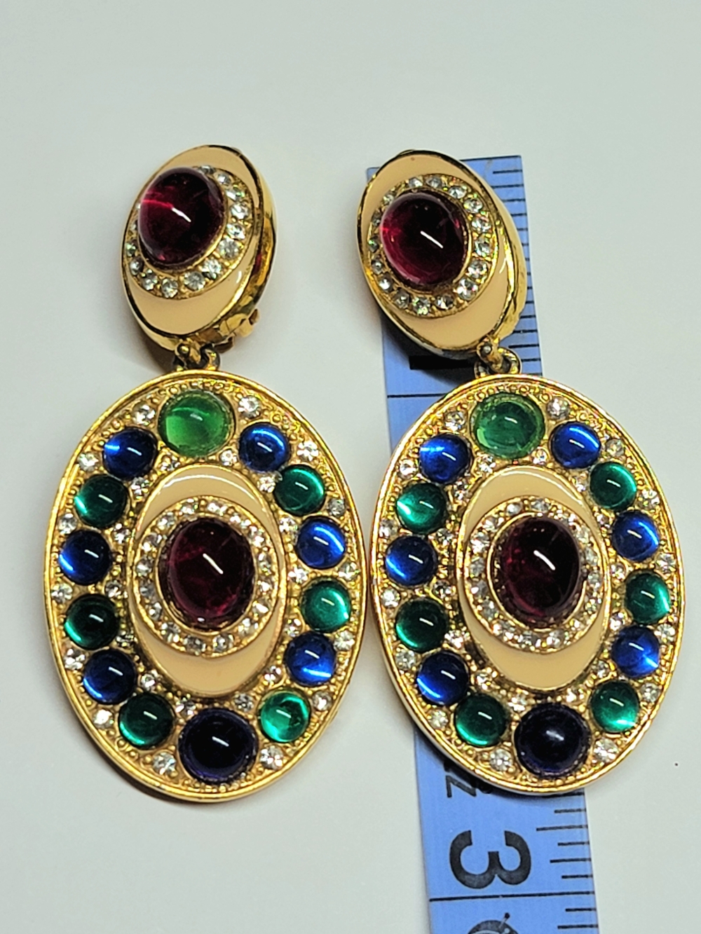 Vintage Kenneth Jay Lane Gold Tone Cabochon Statement Clip Earrings - Picture 10 of 10